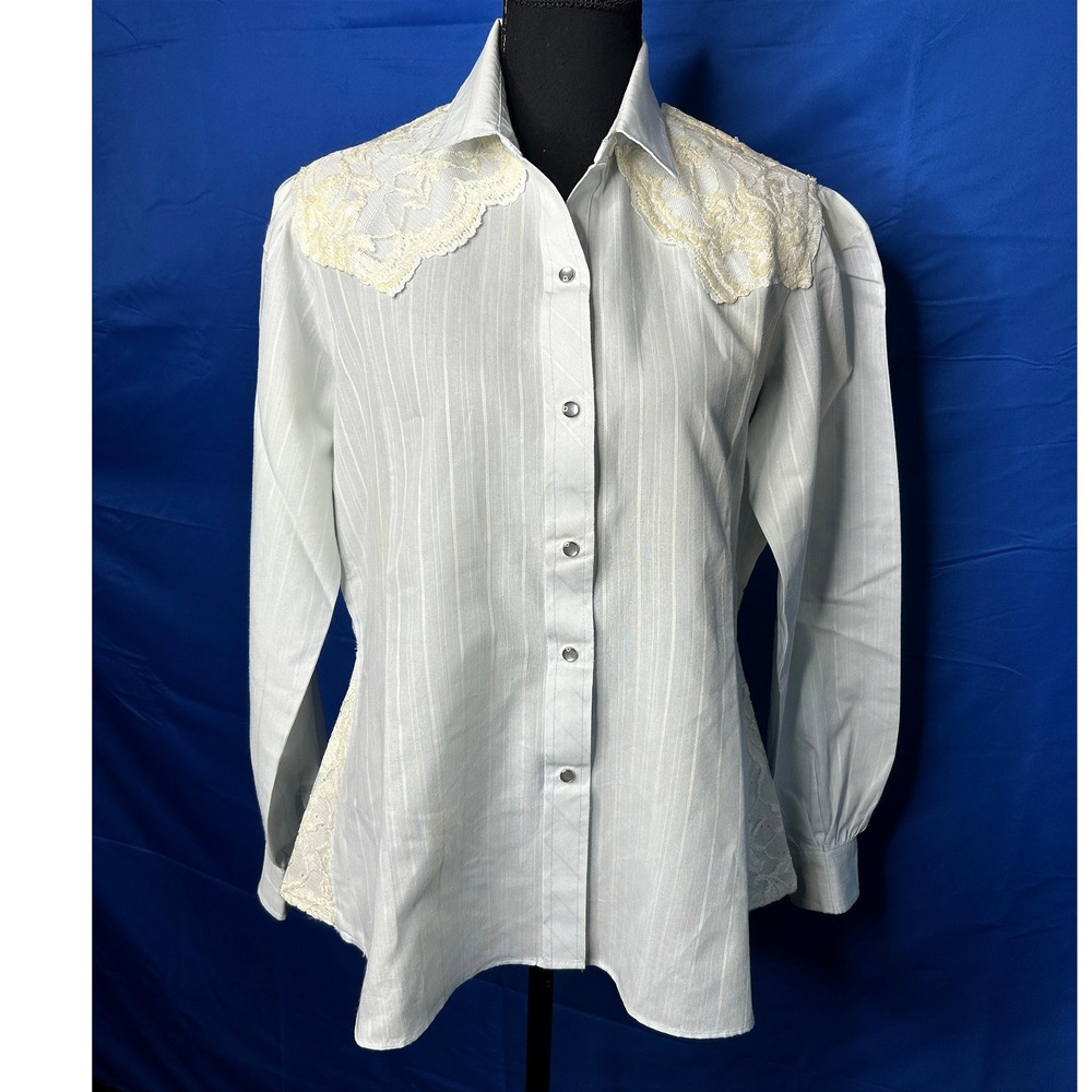 Vtg Womens Western Lace Pearl Snap Shirt Sz L Victorian Cowgirl Coquette 1980s